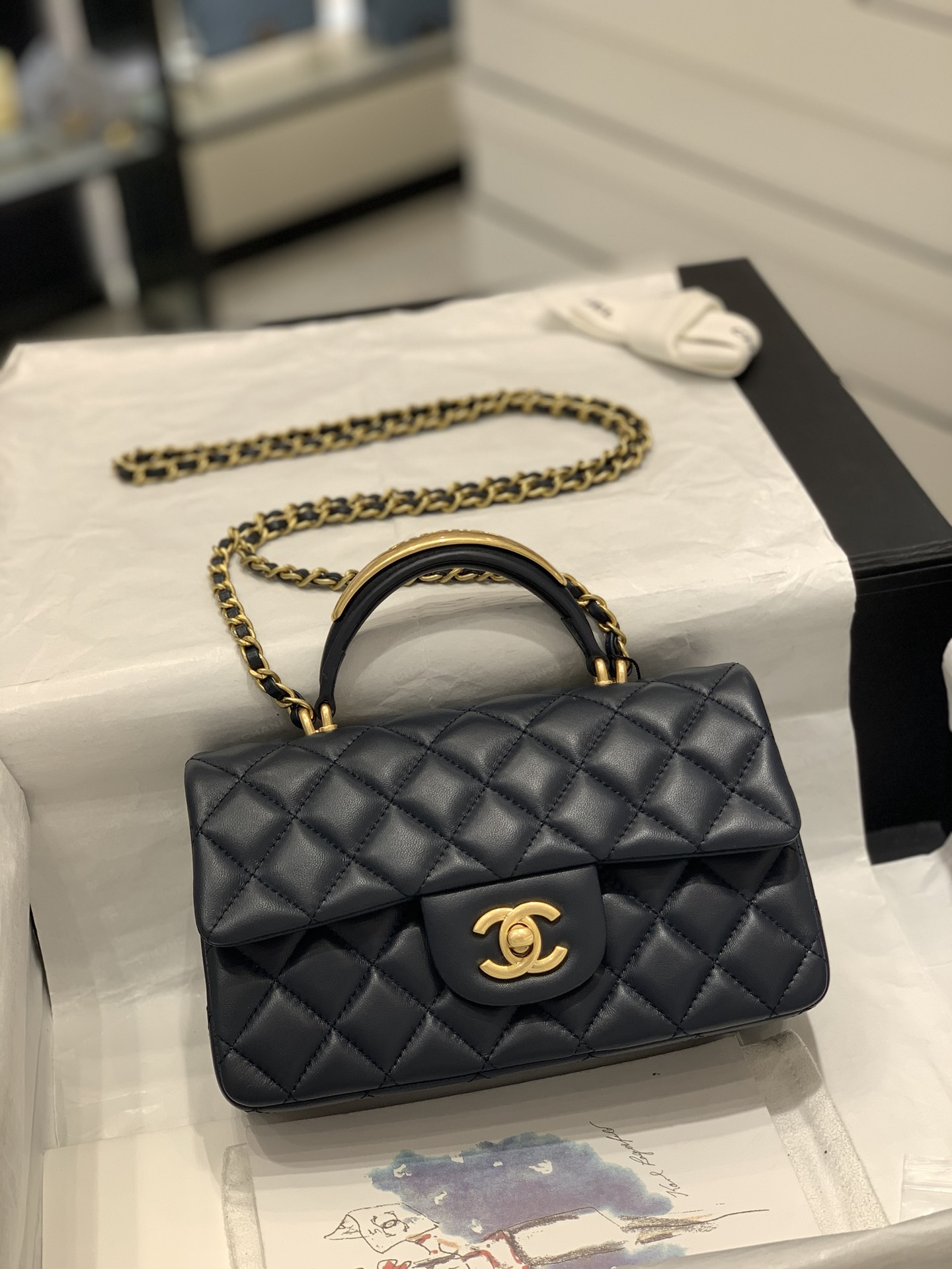 Chanel Ohanel 22B Mini Flap Bag 20cm Lambskin Dark Blue