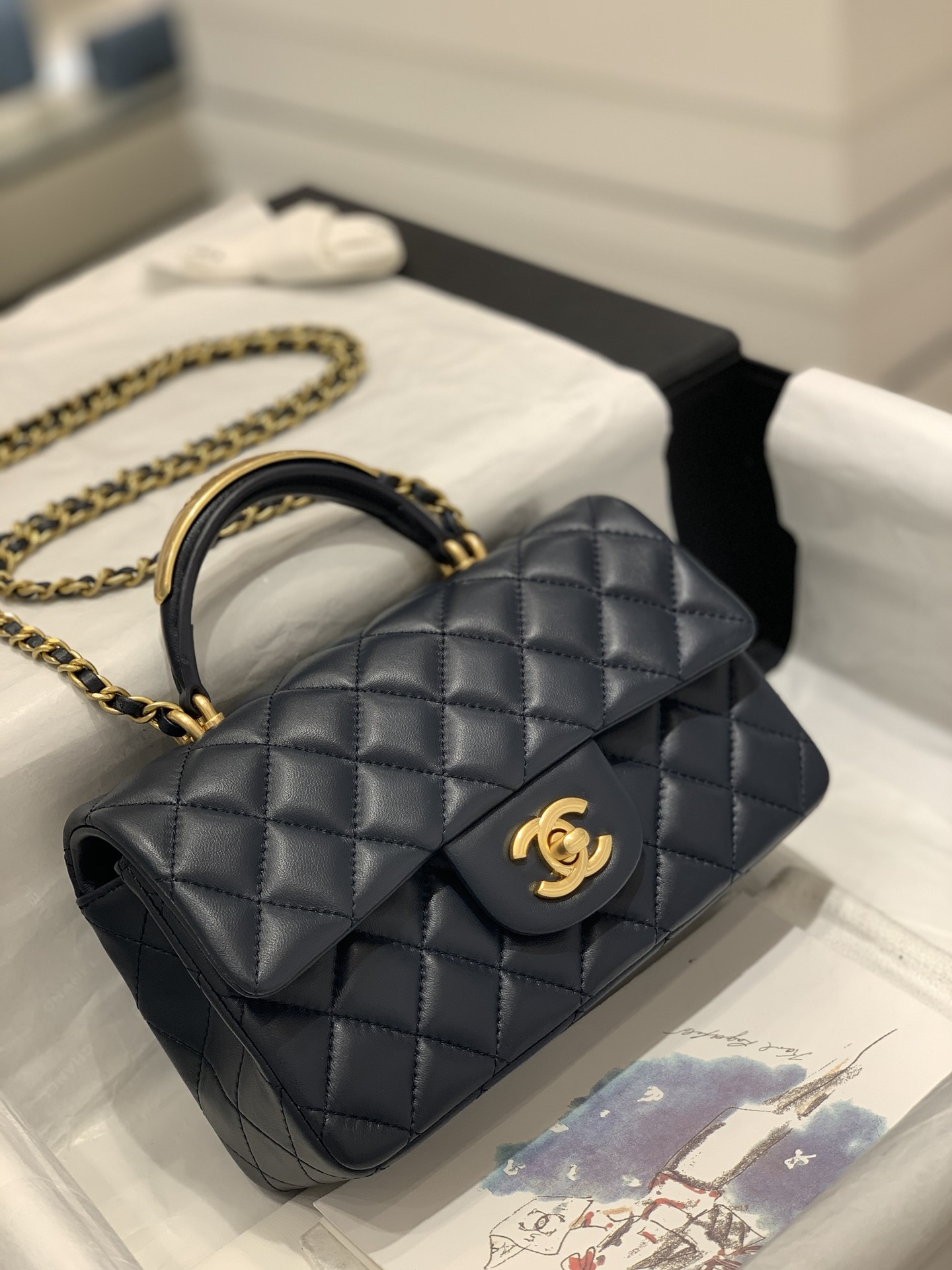 Chanel Ohanel 22B Mini Flap Bag 20cm Lambskin Dark Blue