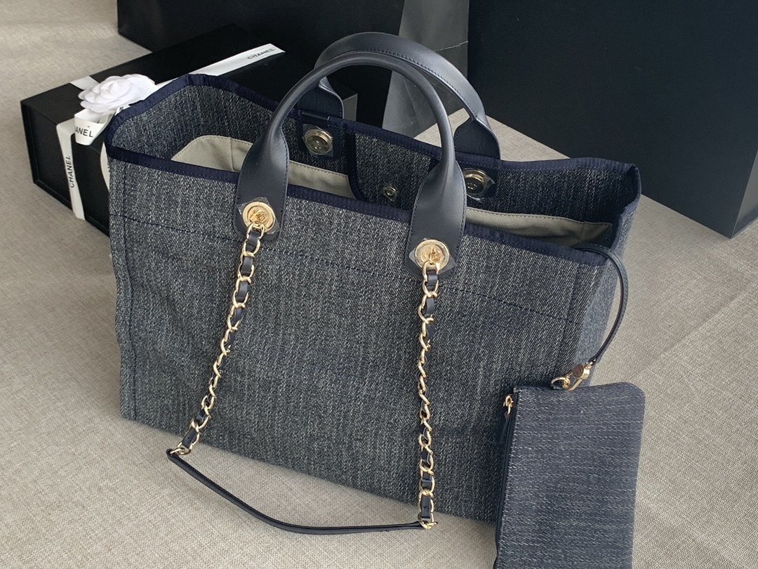 Chanel Shopping Bag Denim Gold-Tone Metal Dark Blue 38cm