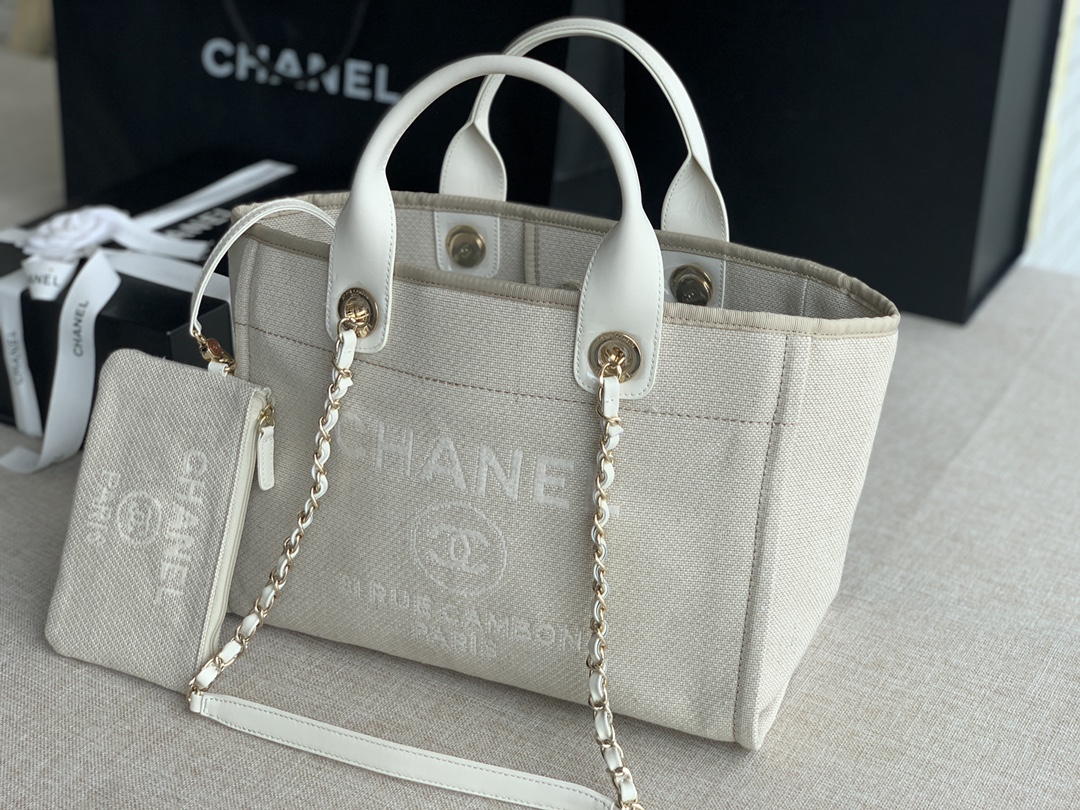 Chanel Shopping Bag Denim Gold-Tone Metal White AS3257 33cm