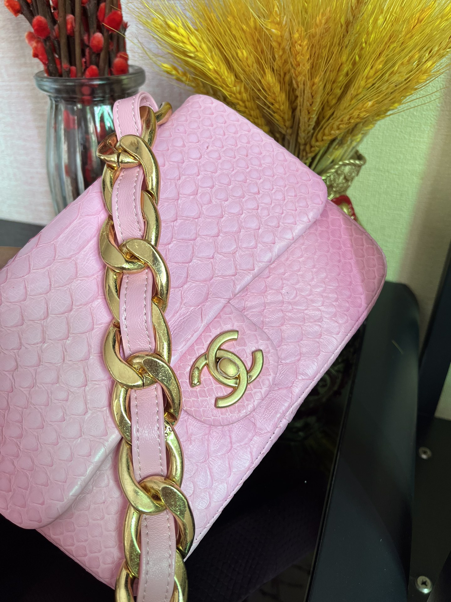 Chanel Small Flap Bag Python Skin Pink AS3214