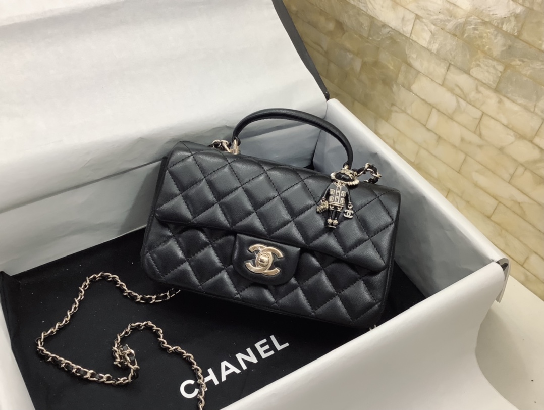 Chanel Small Flap Bag with Top Handle w coco Chanel Charm Black