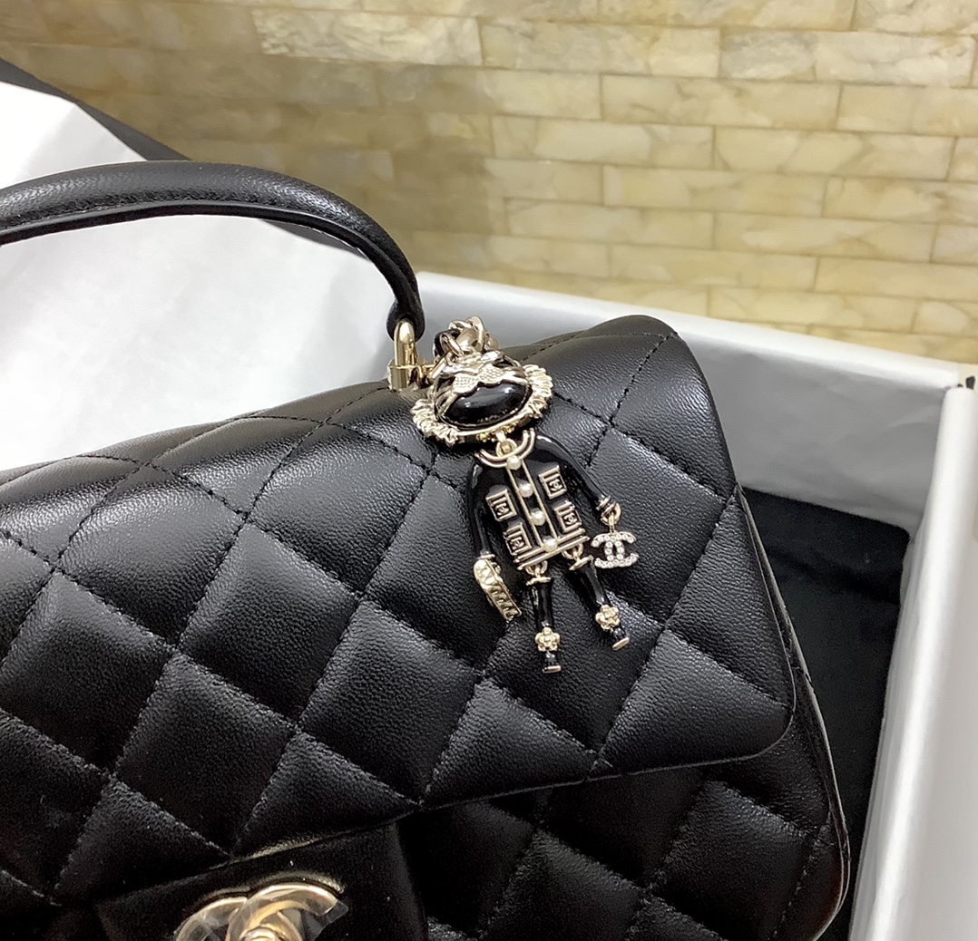 Chanel Small Flap Bag with Top Handle w coco Chanel Charm Black