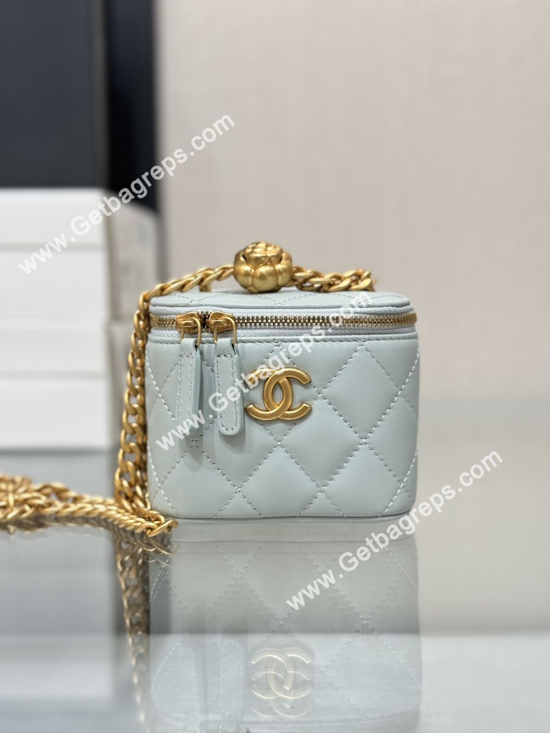 Chanel Small Quilted Vanity Rectangular with Camellia Adjustable Chain Blue