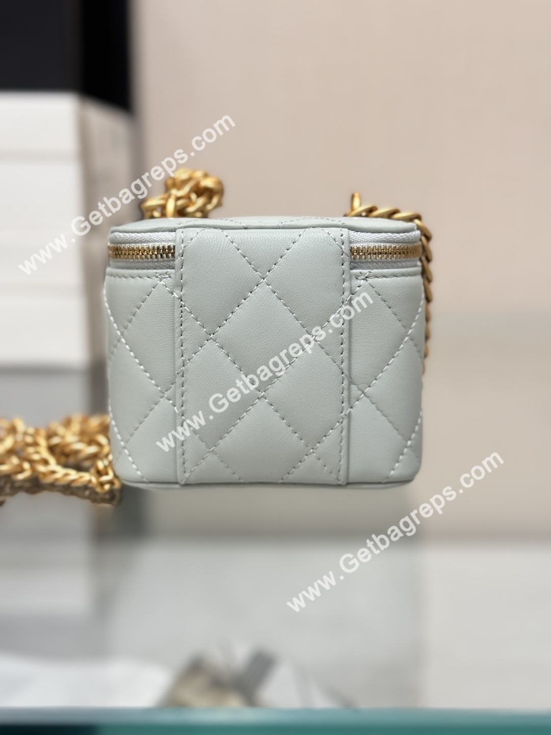 Chanel Small Quilted Vanity Rectangular with Camellia Adjustable Chain Blue