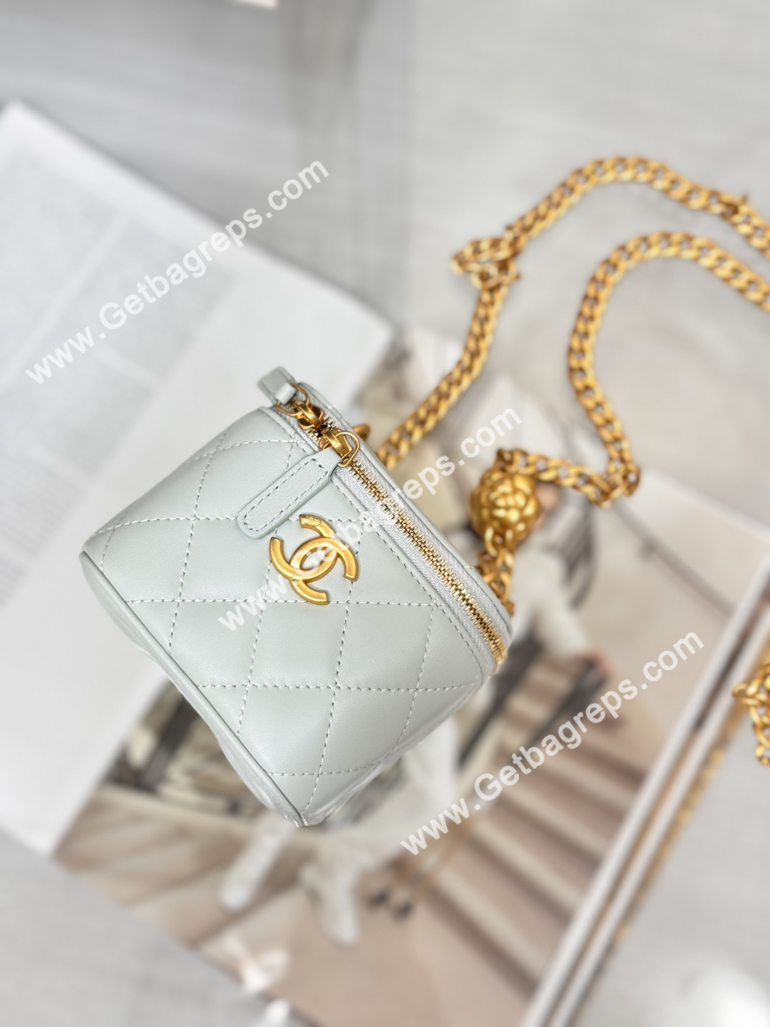 Chanel Small Quilted Vanity Rectangular with Camellia Adjustable Chain Blue