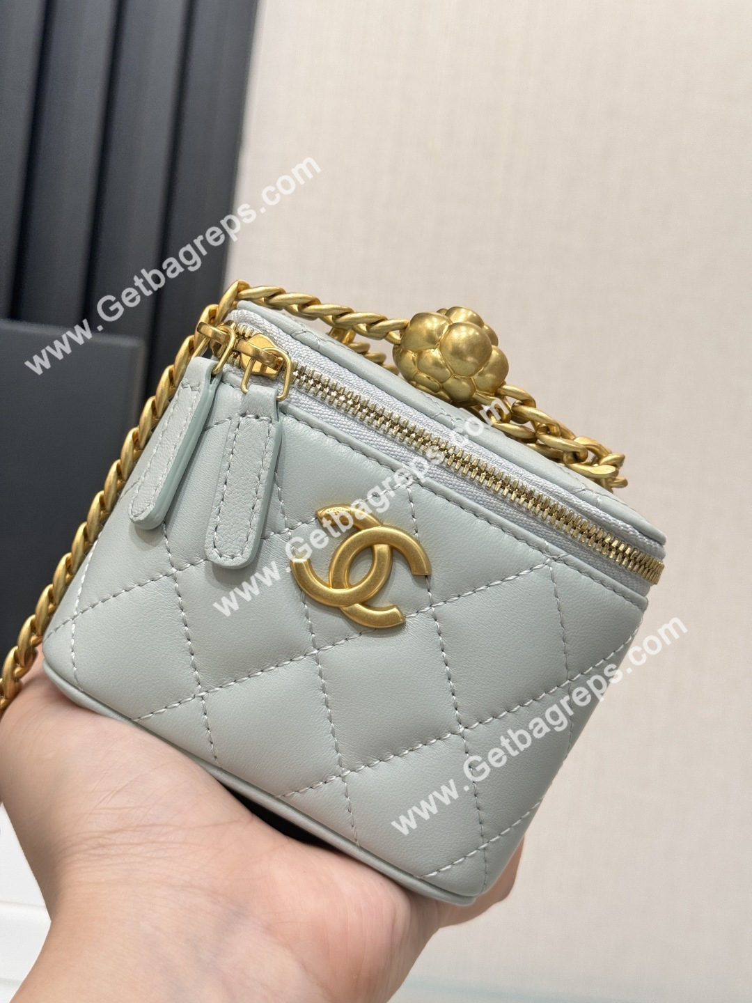 Chanel Small Quilted Vanity Rectangular with Camellia Adjustable Chain Blue