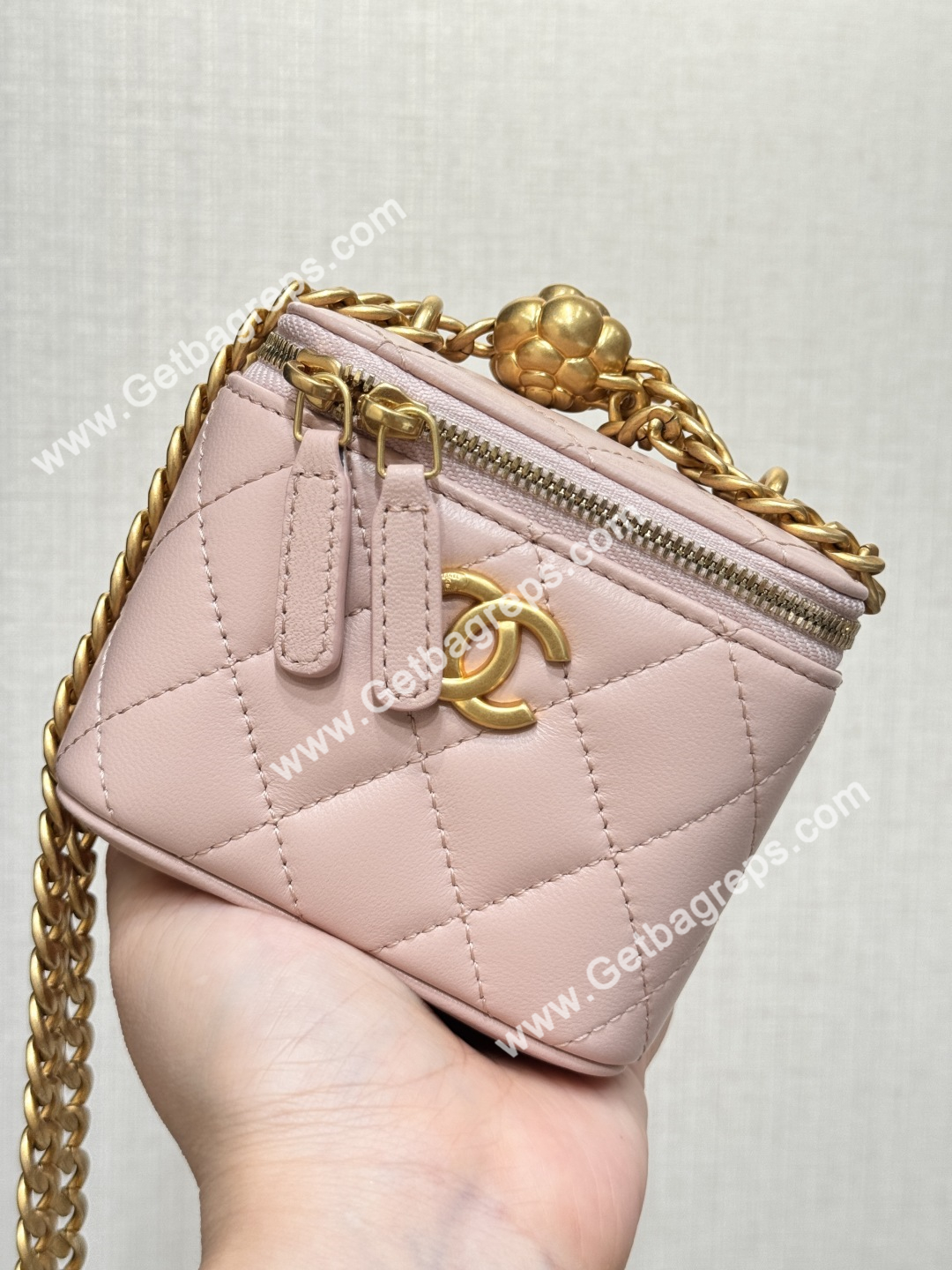 Chanel Small Quilted Vanity Rectangular with Camellia Adjustable Chain Pink
