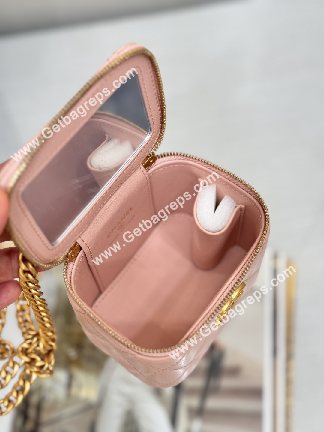 Chanel Small Quilted Vanity Rectangular with Camellia Adjustable Chain Pink