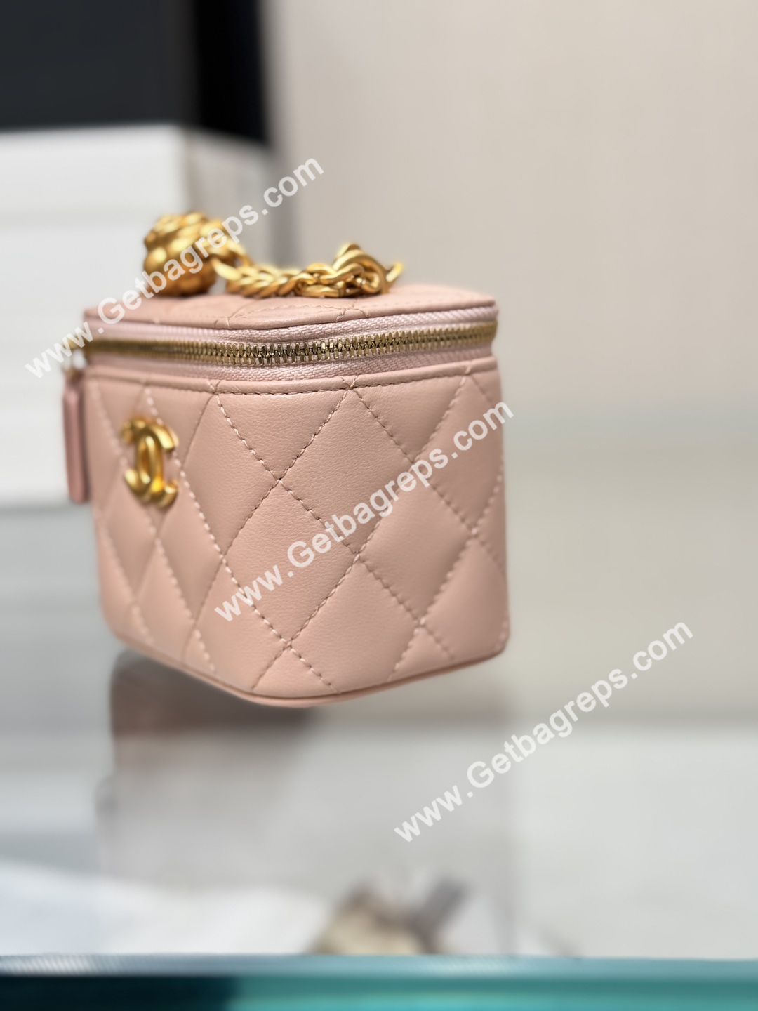 Chanel Small Quilted Vanity Rectangular with Camellia Adjustable Chain Pink