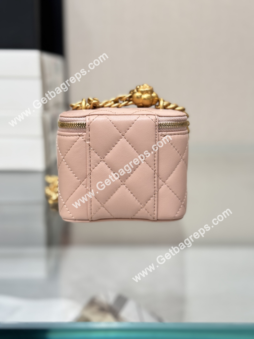 Chanel Small Quilted Vanity Rectangular with Camellia Adjustable Chain Pink