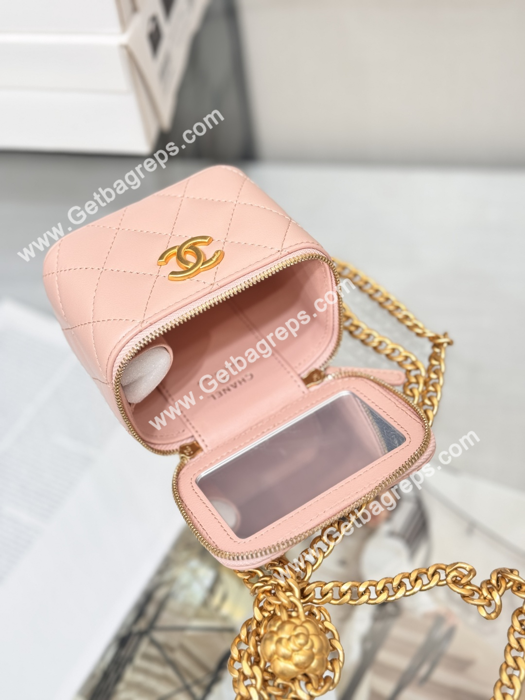 Chanel Small Quilted Vanity Rectangular with Camellia Adjustable Chain Pink