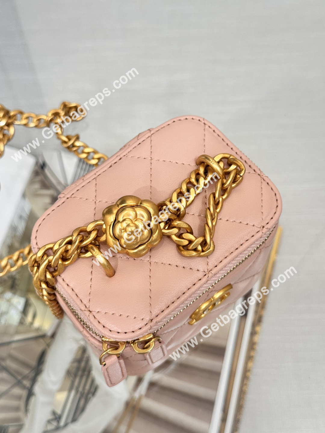 Chanel Small Quilted Vanity Rectangular with Camellia Adjustable Chain Pink