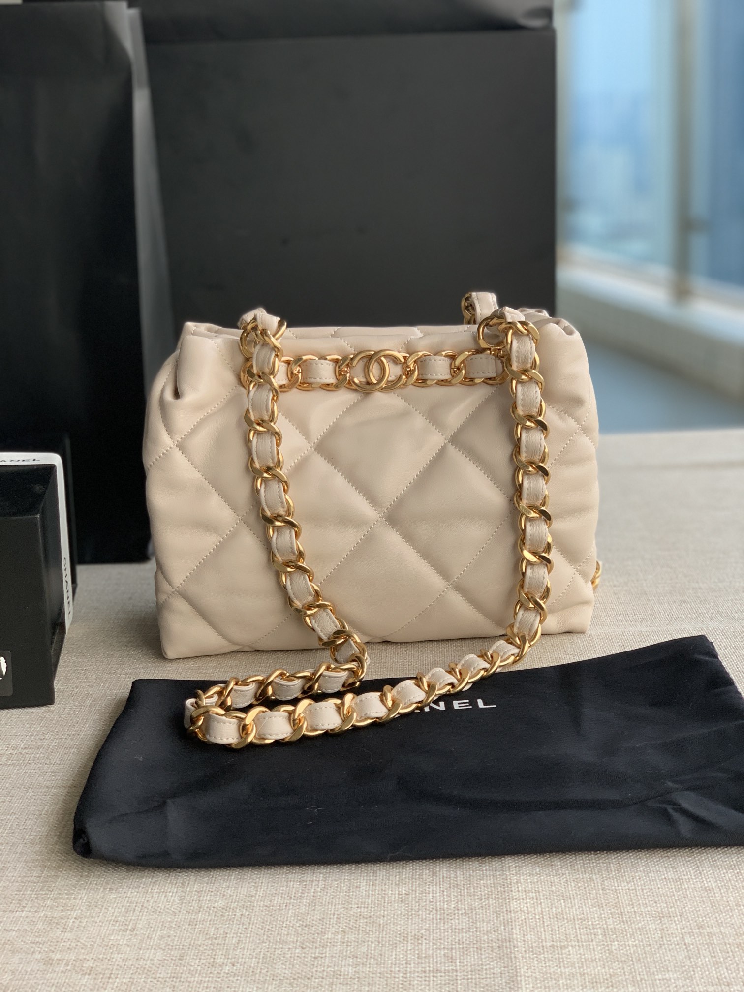 Chanel Small Shopping Bag Lambskin Gold-Tone Metal Beige AS3502