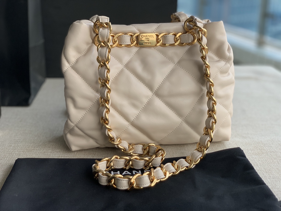 Chanel Small Shopping Bag Lambskin Gold-Tone Metal Beige AS3502