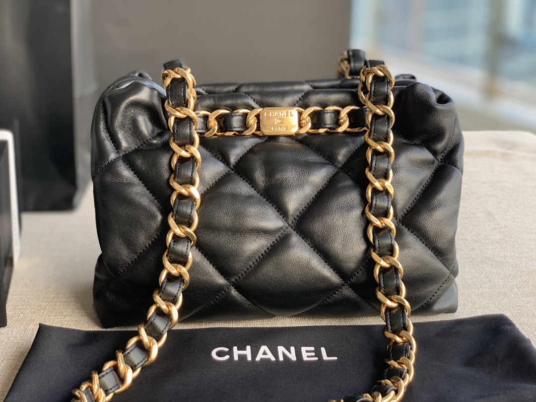 Chanel Small Shopping Bag Lambskin Gold-Tone Metal Black AS3502