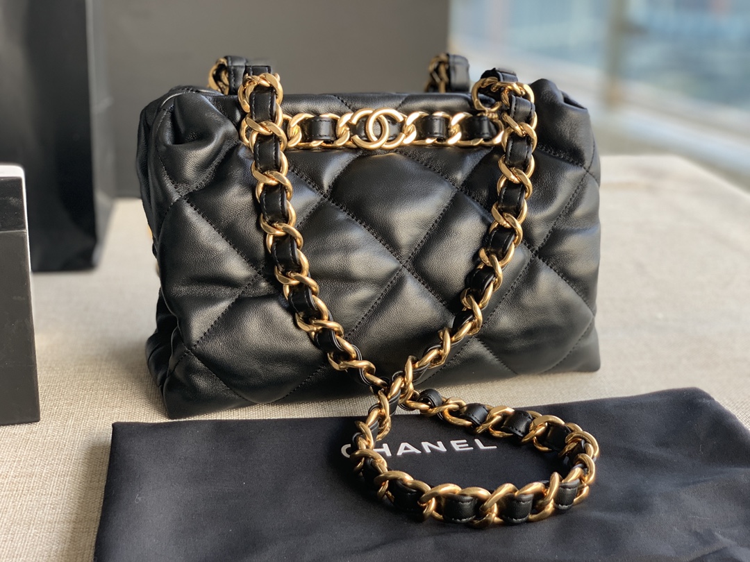 Chanel Small Shopping Bag Lambskin Gold-Tone Metal Black AS3502