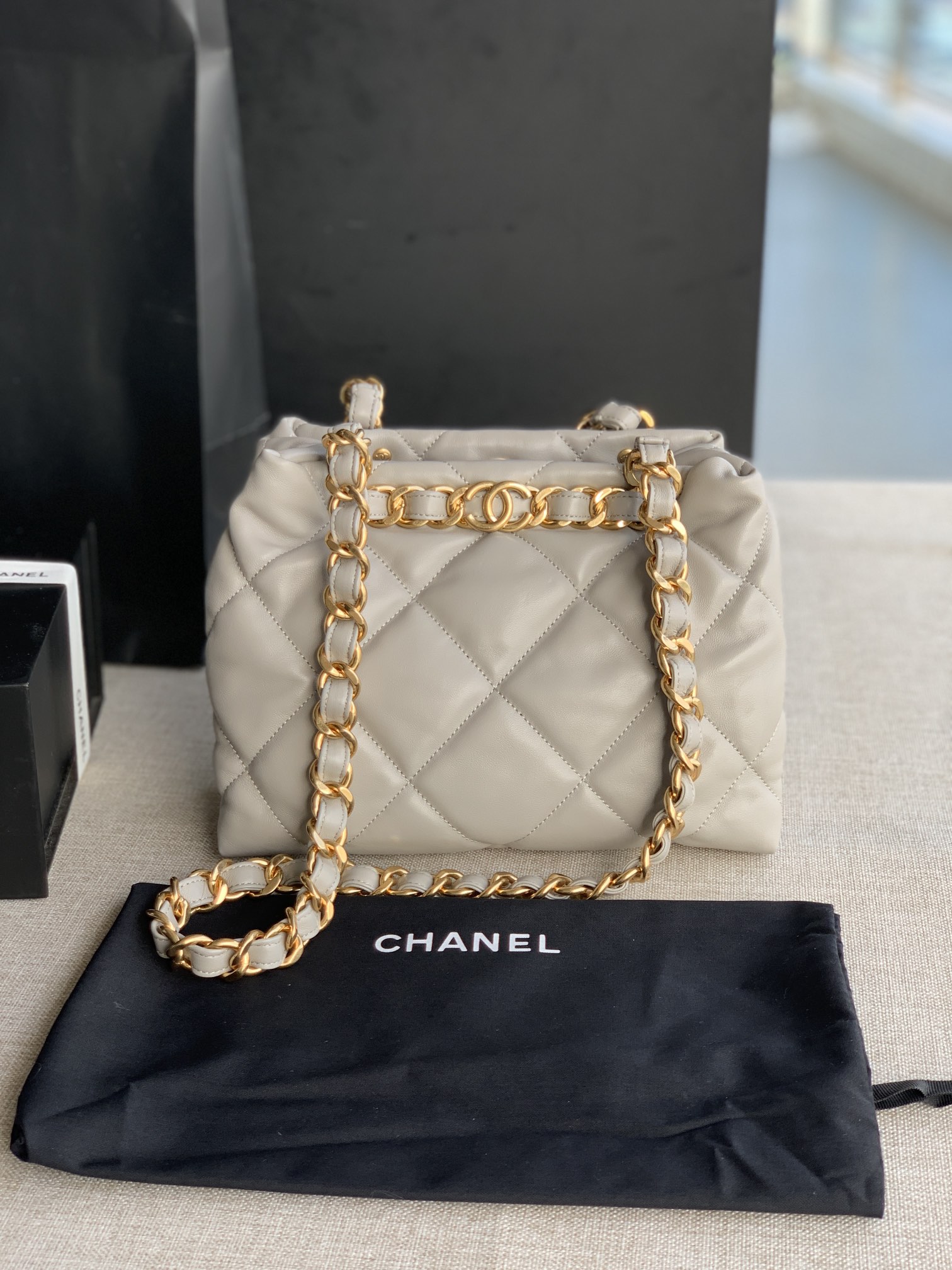 Chanel Small Shopping Bag Lambskin Gold-Tone Metal Light Gray AS3502