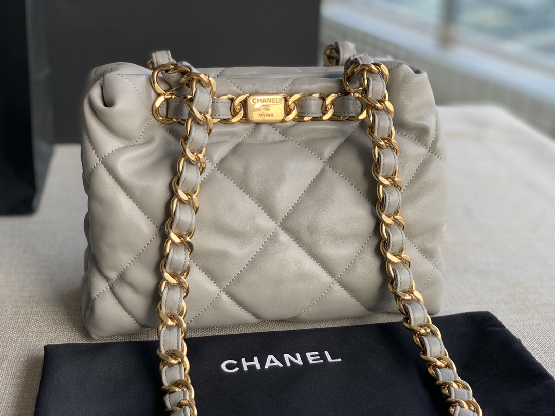 Chanel Small Shopping Bag Lambskin Gold-Tone Metal Light Gray AS3502