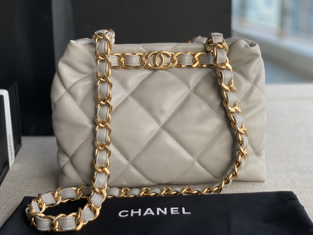 Chanel Small Shopping Bag Lambskin Gold-Tone Metal Light Gray AS3502