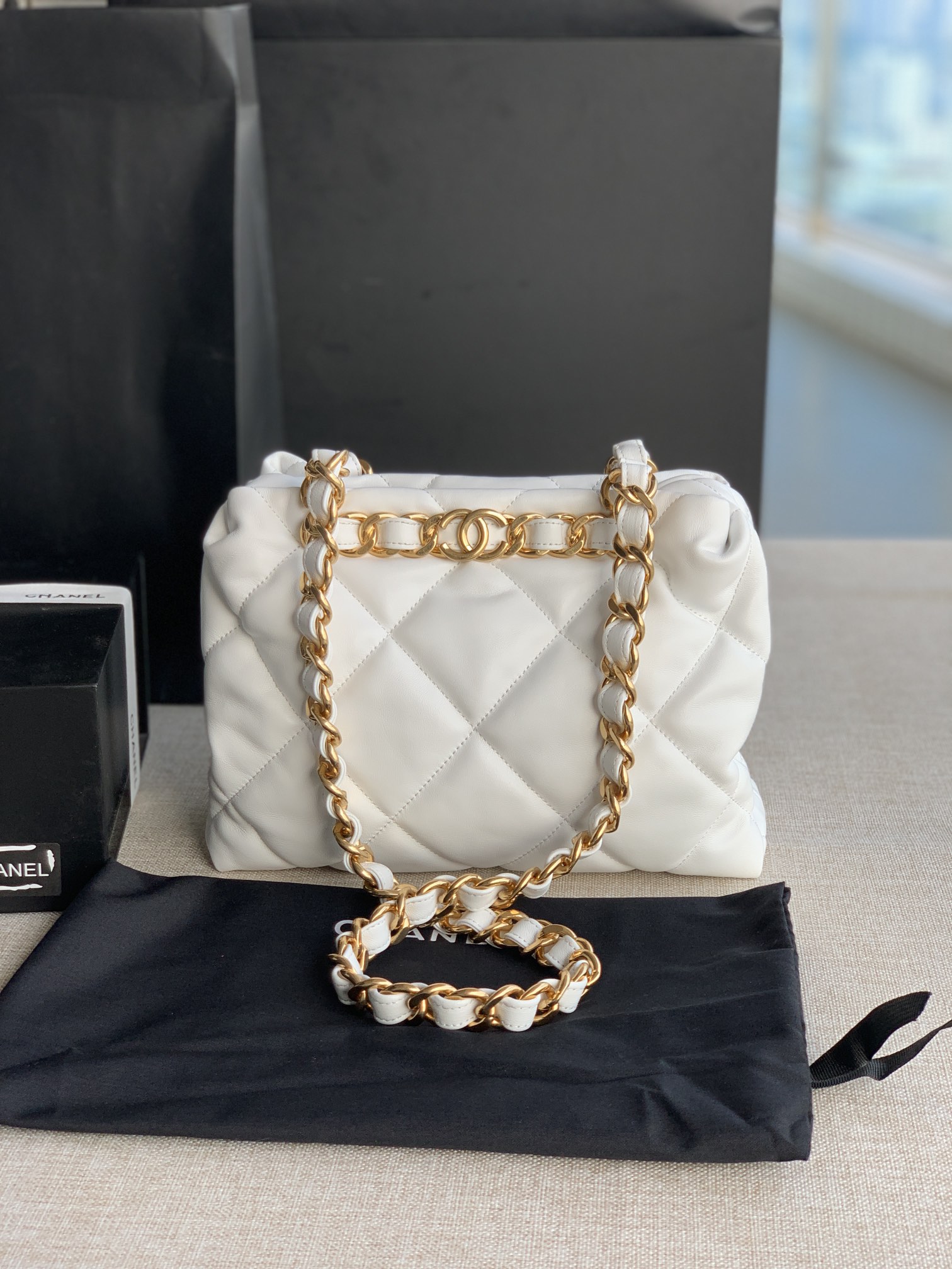 Chanel Small Shopping Bag Lambskin Gold-Tone Metal White AS3502