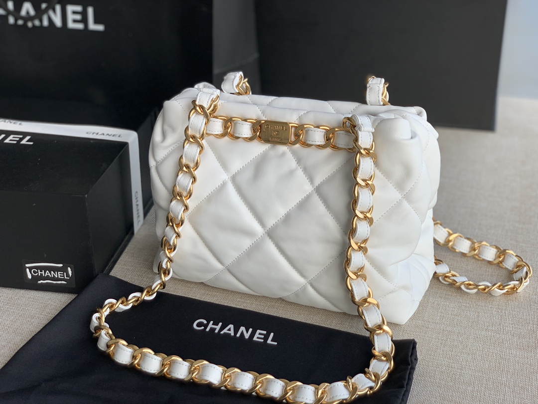 Chanel Small Shopping Bag Lambskin Gold-Tone Metal White AS3502