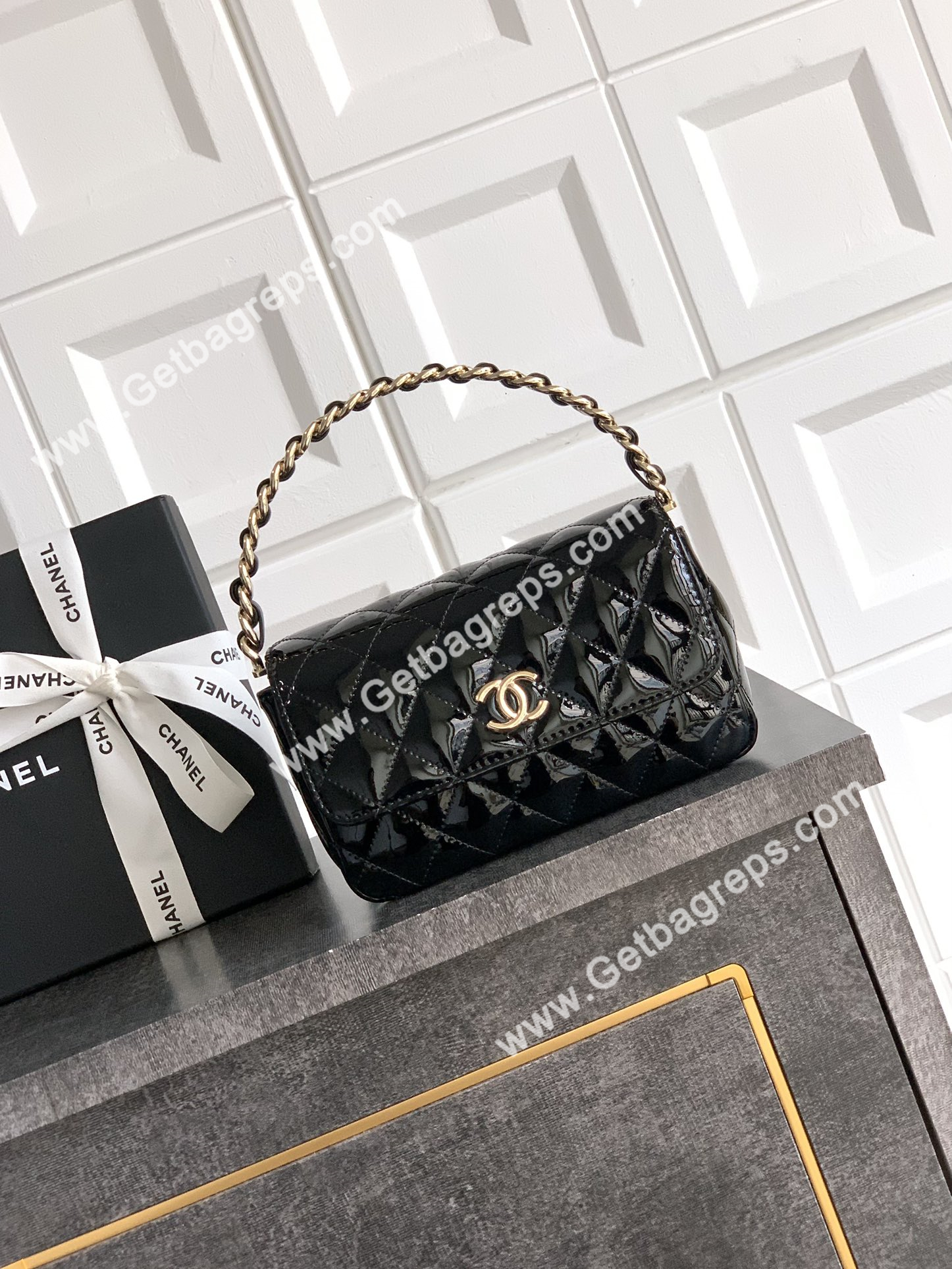 Chanel Top Handle Bag Black Patent Leather