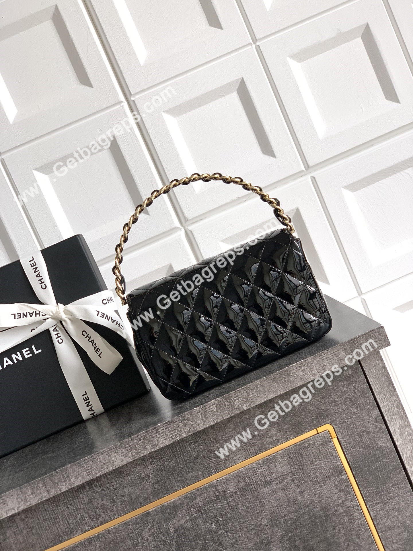 Chanel Top Handle Bag Black Patent Leather