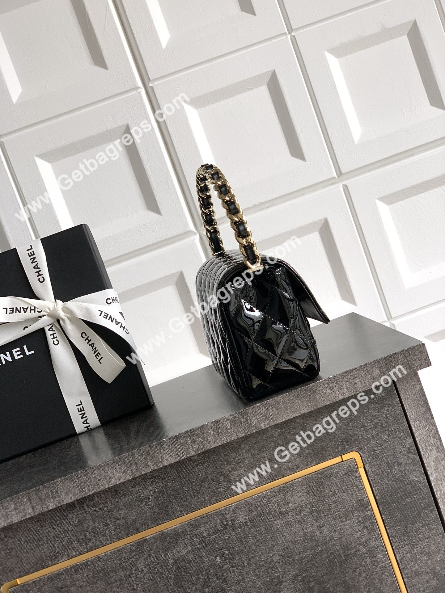 Chanel Top Handle Bag Black Patent Leather