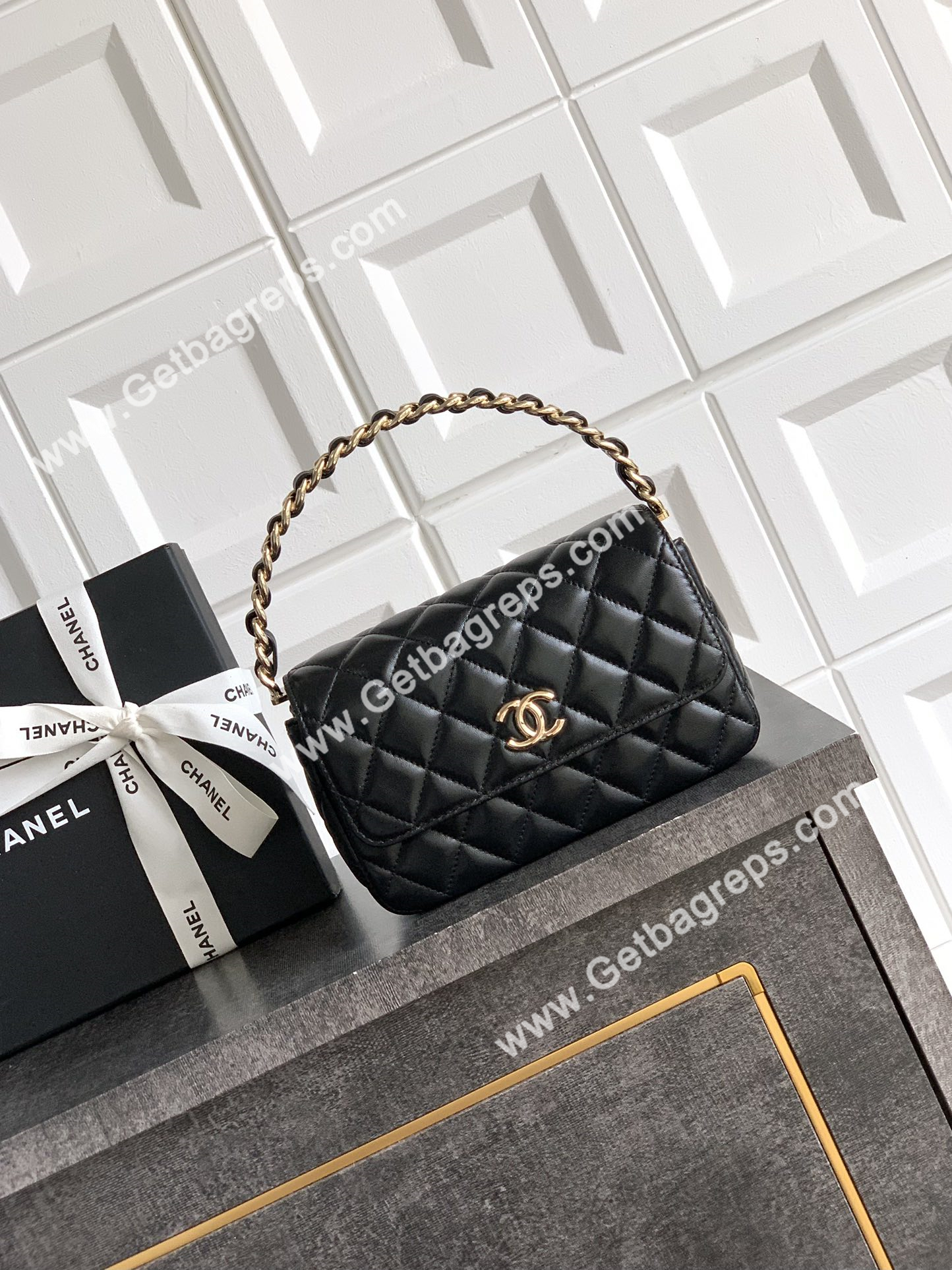 Chanel Top Handle Bag Sheepskin Black
