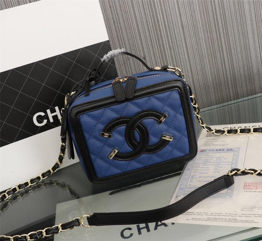 Chanel Vanity Case Grained Calfskin With Gold-Tone Metal Blue