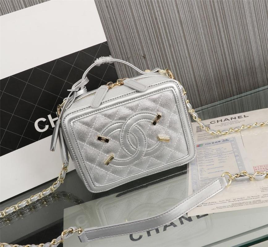 Chanel Vanity Case Grained Calfskin With Gold-Tone Metal Silver