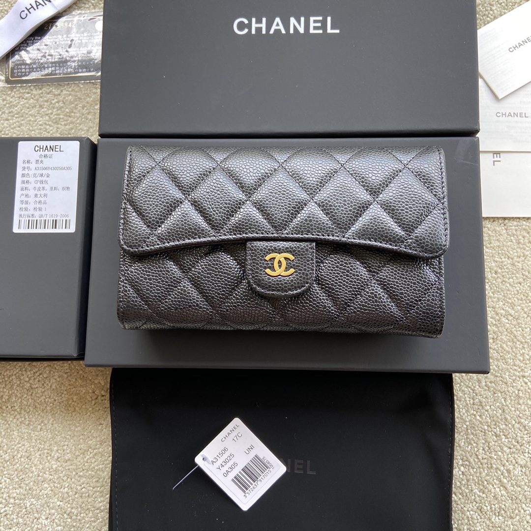 Chanel Wallet Caviar Leather Gold Black AP31506