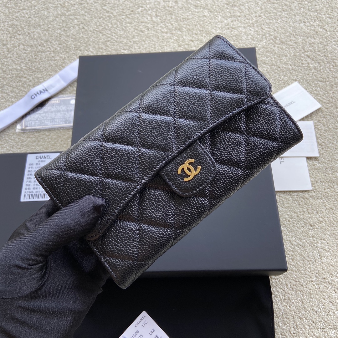 Chanel Wallet Caviar Leather Gold Black AP31506