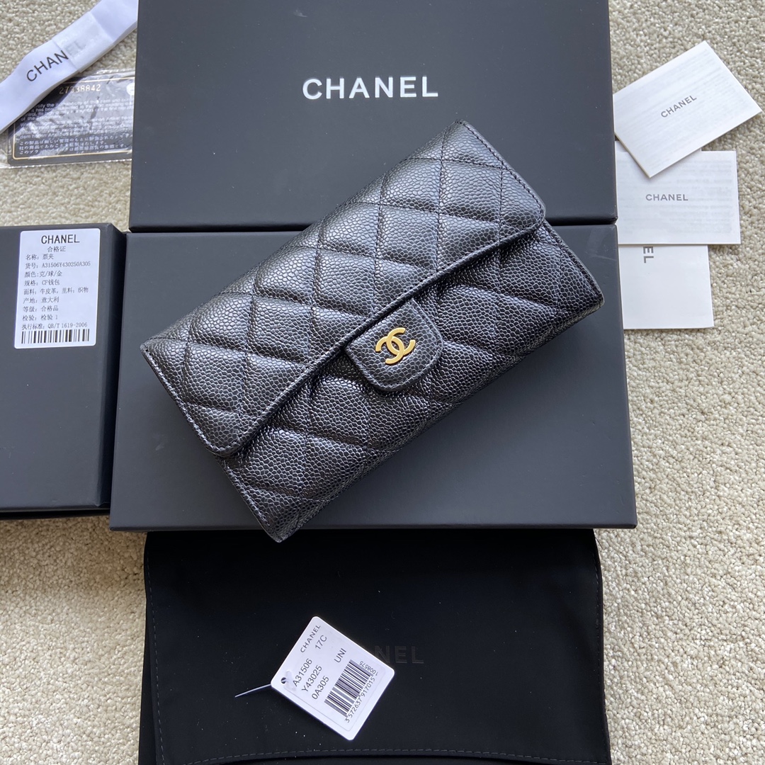 Chanel Wallet Caviar Leather Gold Black AP31506