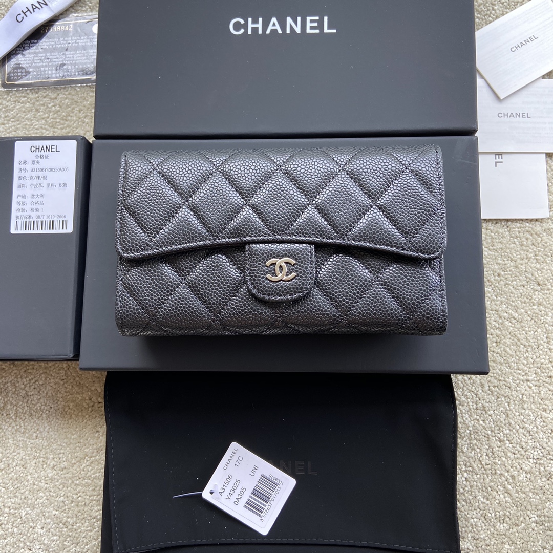 Chanel Wallet Caviar Leather Silver Black AP31506