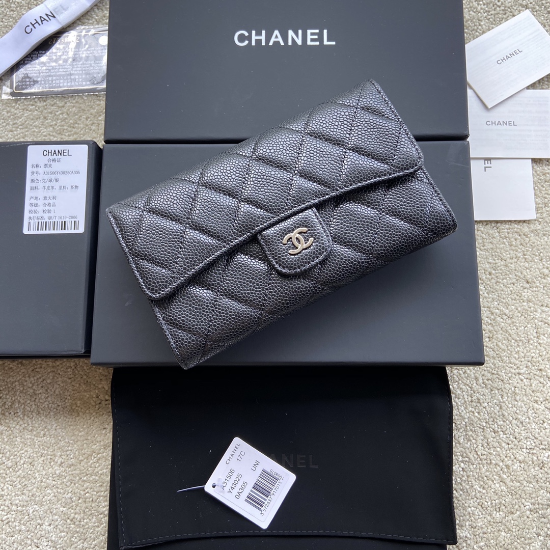 Chanel Wallet Caviar Leather Silver Black AP31506