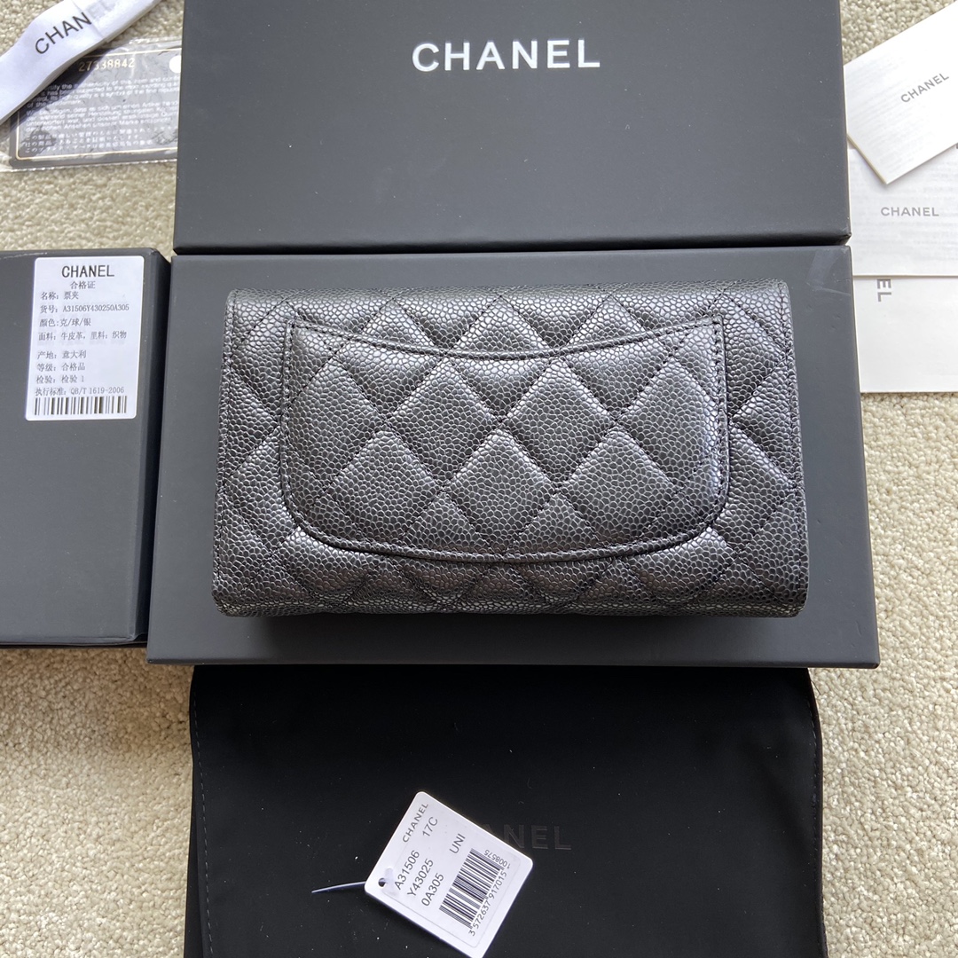 Chanel Wallet Caviar Leather Silver Black AP31506