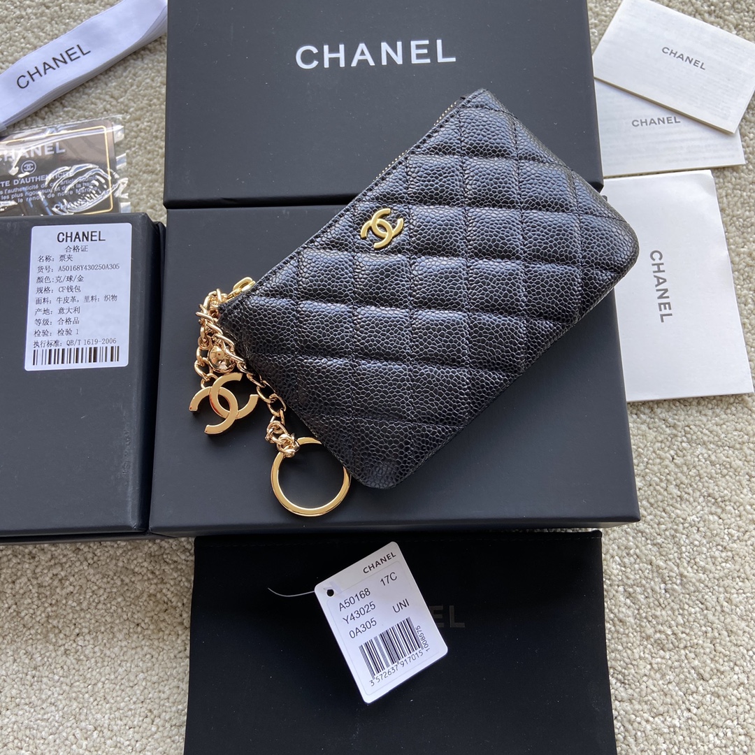 Chanel Wallet Pouch Caviar Black Leather Gold A50168