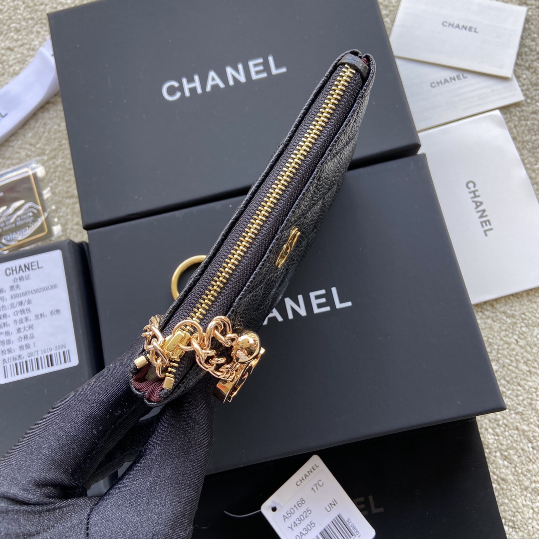 Chanel Wallet Pouch Caviar Black Leather Gold A50168