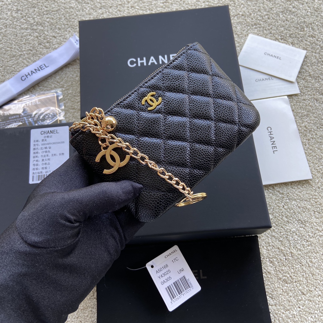 Chanel Wallet Pouch Caviar Black Leather Gold A50168