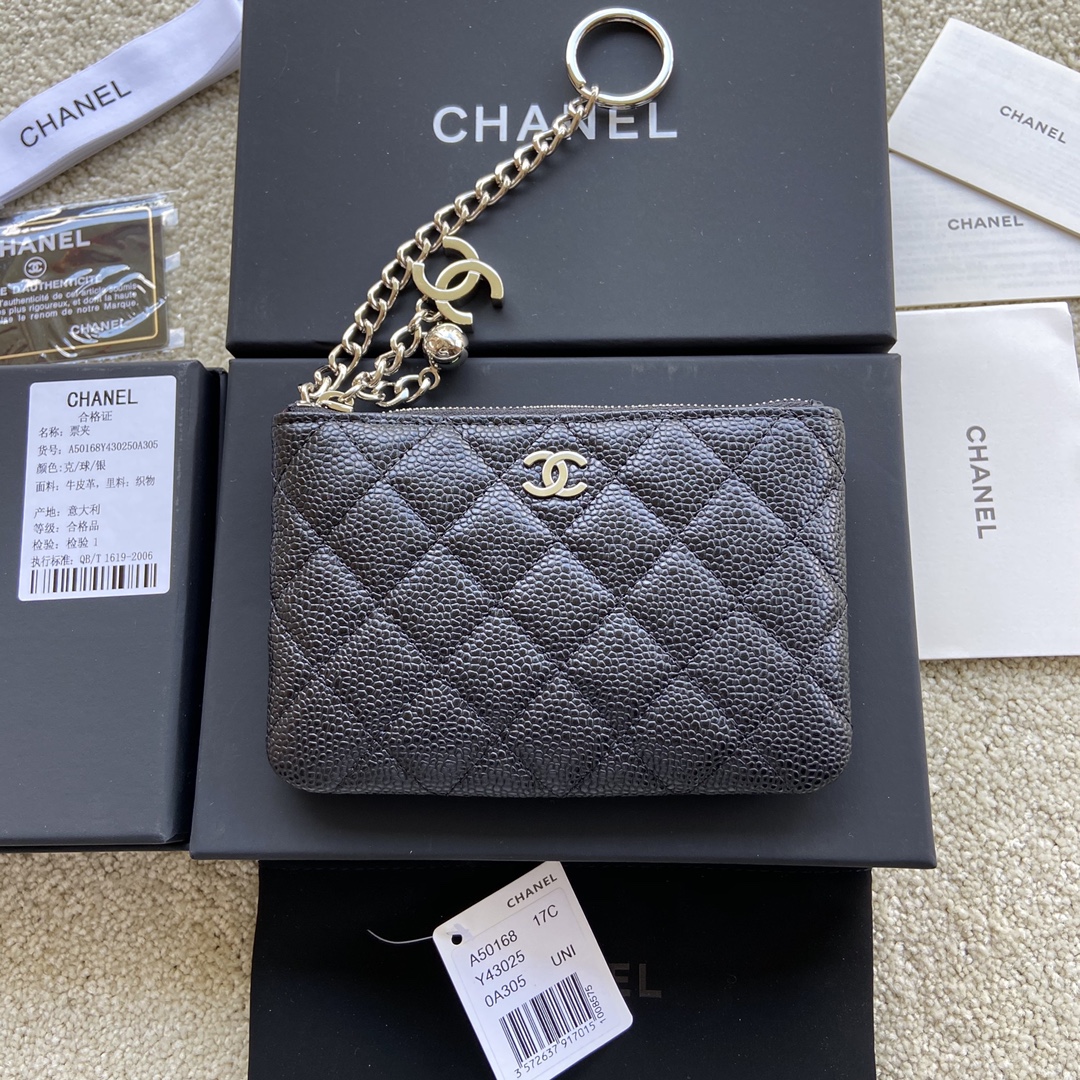 Chanel Wallet Pouch Caviar Black Leather Silver A50168