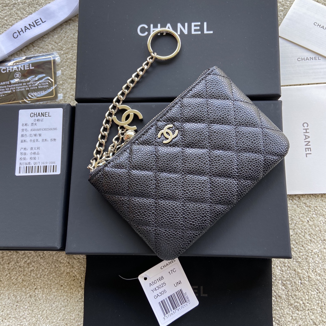 Chanel Wallet Pouch Caviar Black Leather Silver A50168