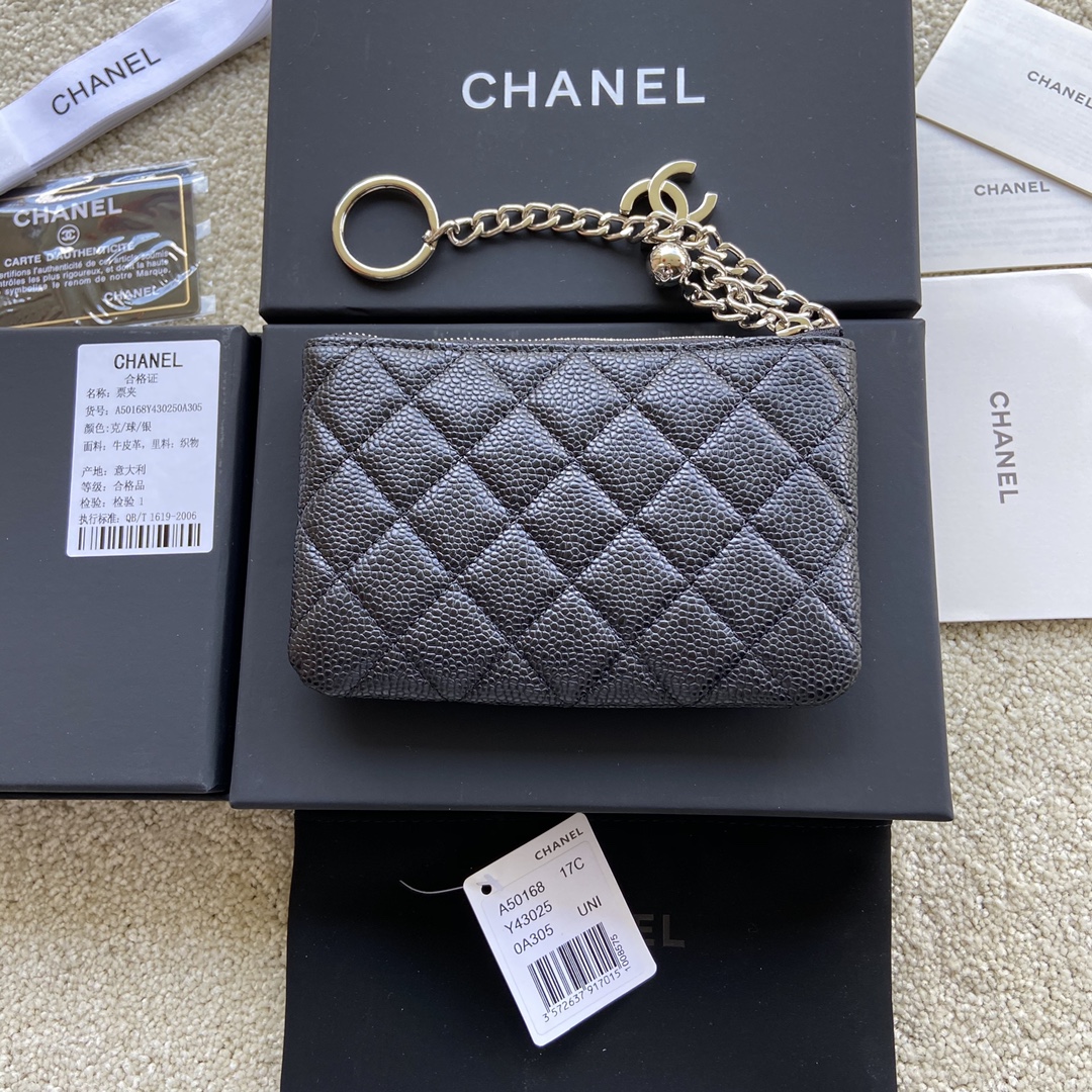 Chanel Wallet Pouch Caviar Black Leather Silver A50168