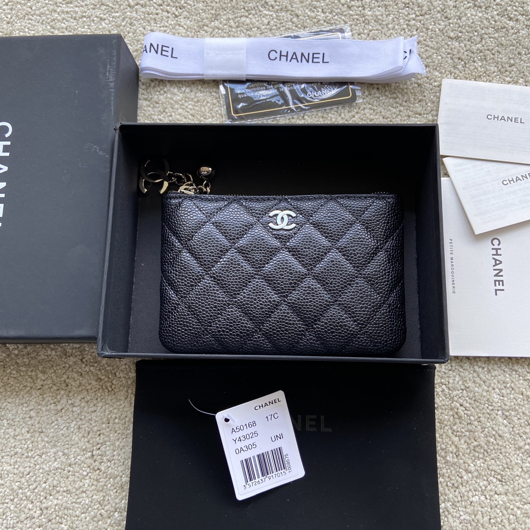 Chanel Wallet Pouch Caviar Black Leather Silver A50168