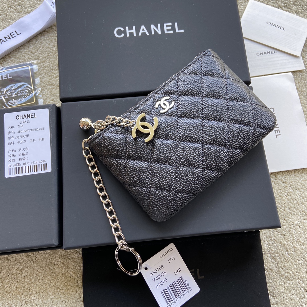 Chanel Wallet Pouch Caviar Black Leather Silver A50168