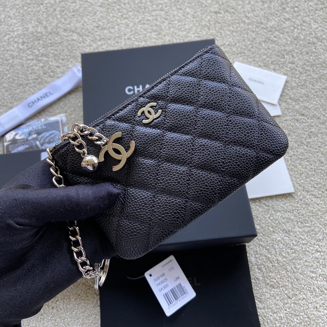 Chanel Wallet Pouch Caviar Black Leather Silver A50168