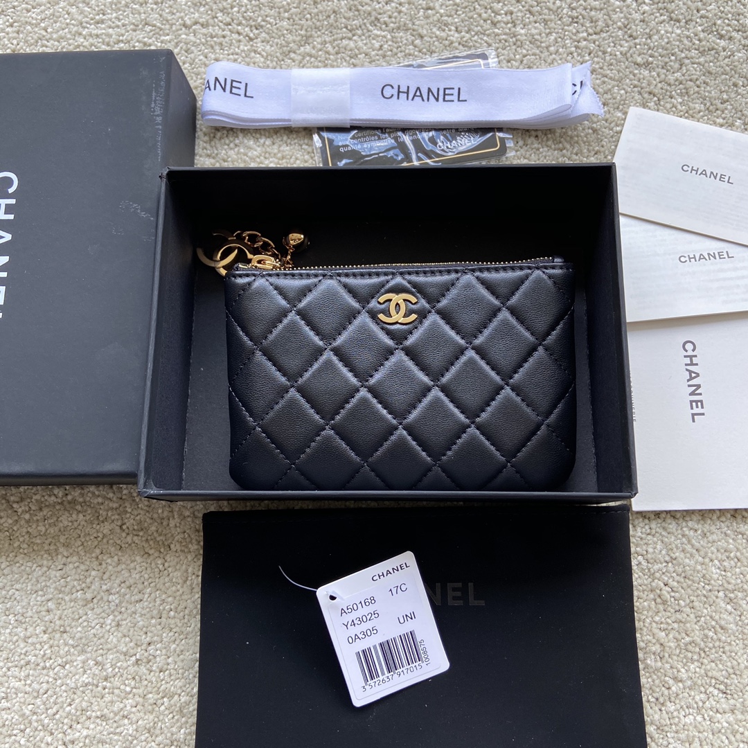 Chanel Wallet Pouch Lambskin Gold Black A50168