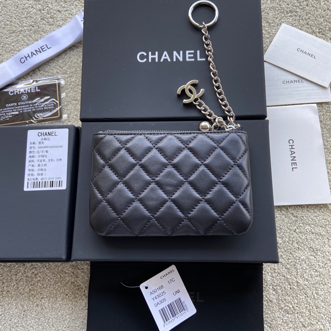 Chanel Wallet Pouch Lambskin Silver Black A50168