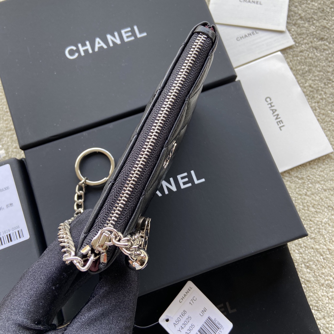 Chanel Wallet Pouch Lambskin Silver Black A50168